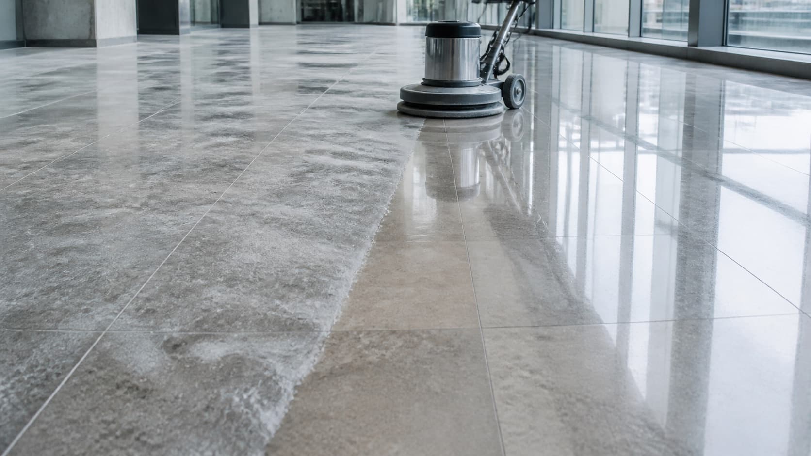 Natuurstenen vloer waarvan de linkerhelft dof en vergrijsd is en de rechterhelft na dieptereiniging opnieuw spiegelt, met een eenschijfsmachine op de grens.