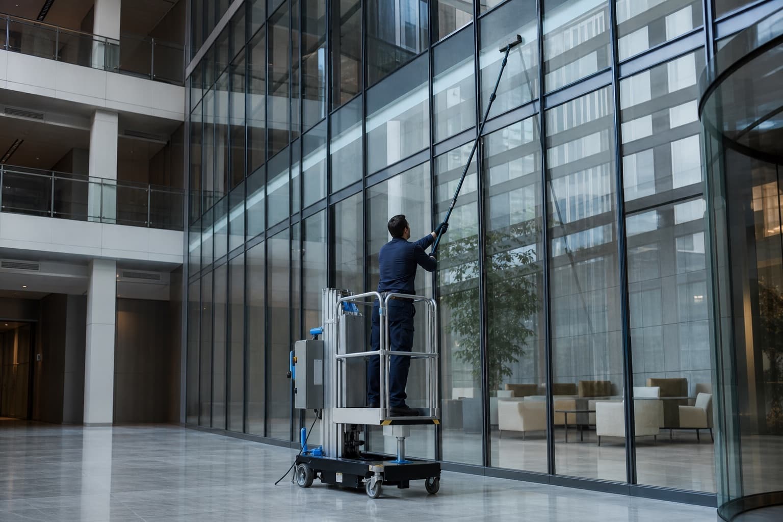 Medewerker reinigt vanaf een lage hoogwerker met een telescoopsteel een hoge glaspartij in een atrium.