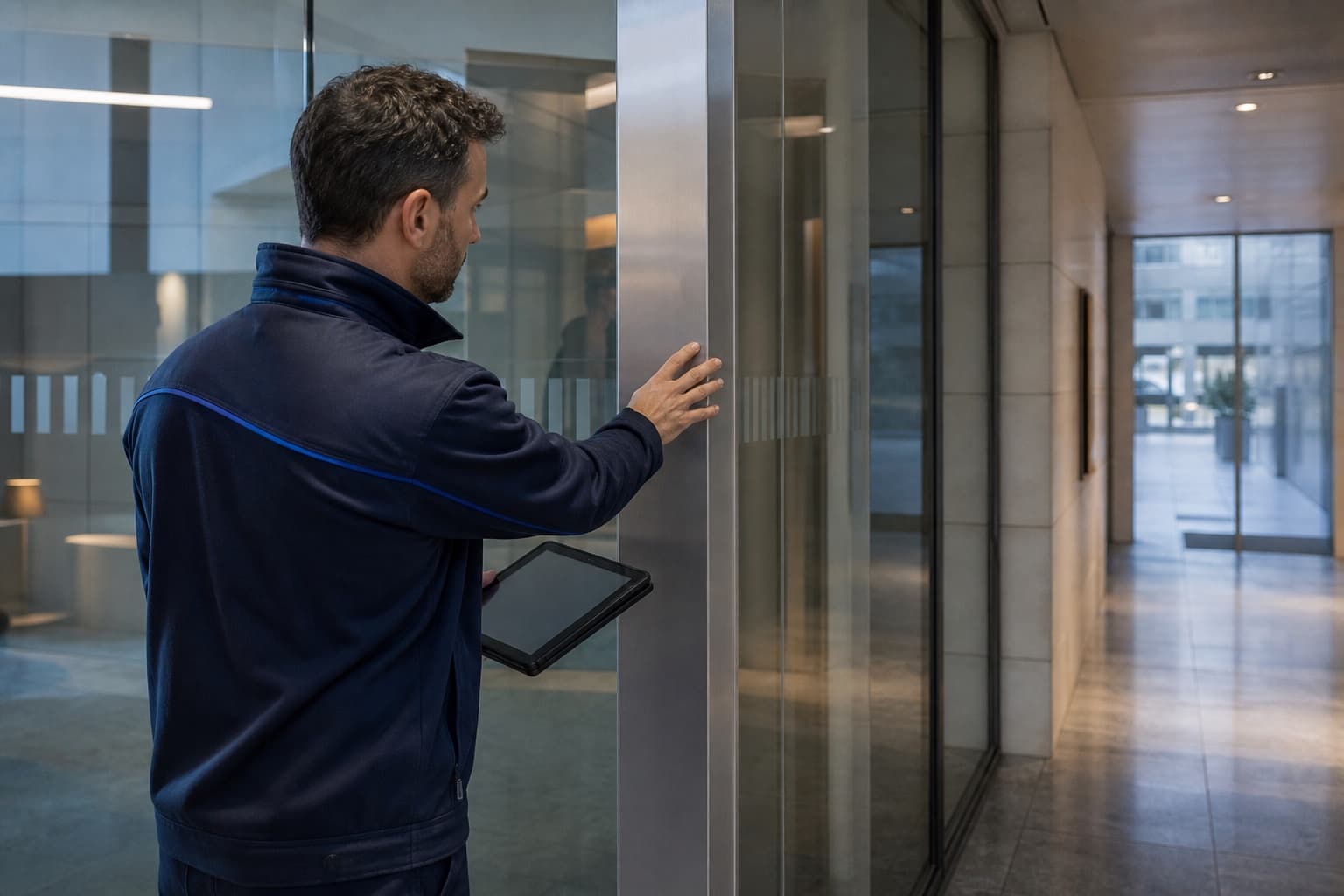 Verantwoordelijke met tablet controleert tijdens een rondgang een oppervlak in een kantoorgang.