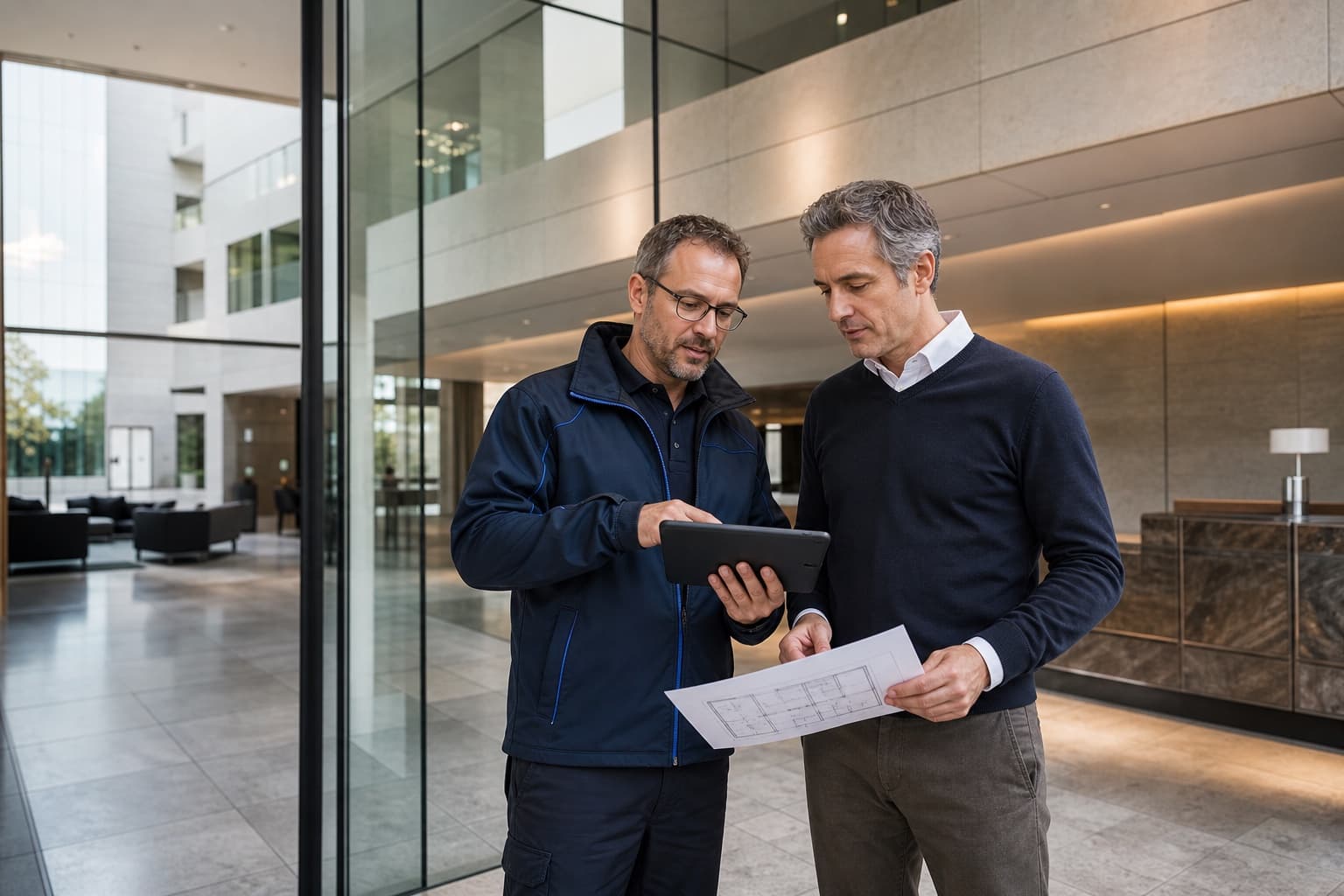 Un responsable opérationnel et un facility manager examinent ensemble une tablette et un plan lors d’une visite technique dans un hall moderne.