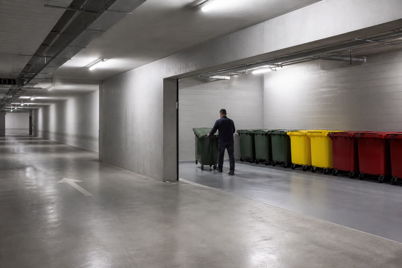 Medewerker verplaatst een container in een afvallokaal naast een verzorgde ondergrondse parking, met gesorteerde containers op een rij.