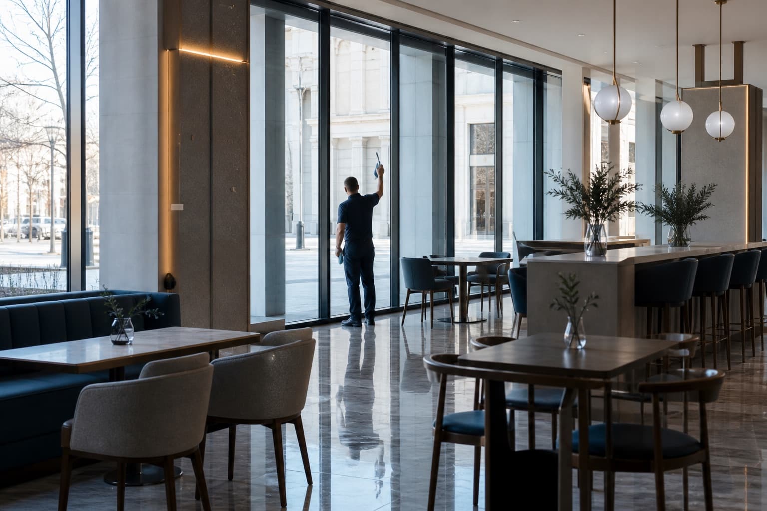 Medewerker reinigt vóór openingstijd de etalageruit van een horecazaak, met de tafels al gezet.