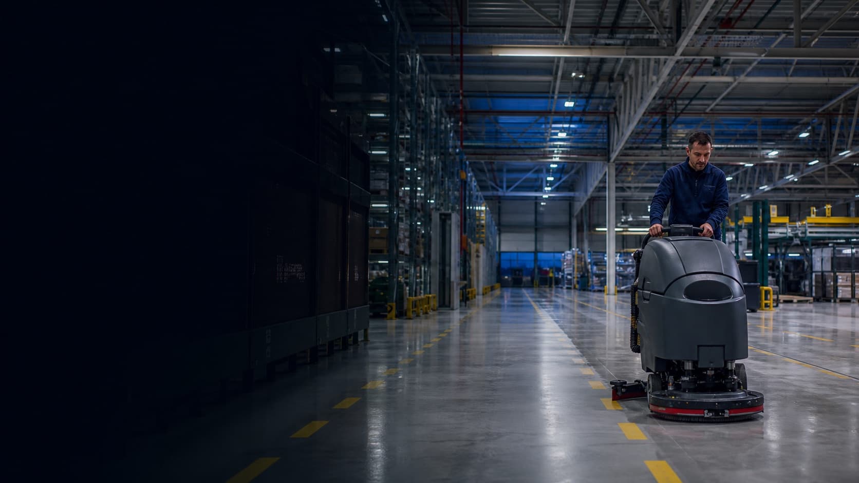 Medewerker rijdt met een schrobzuigmachine door de gang van een magazijn, tussen de stellingen en de belijning.