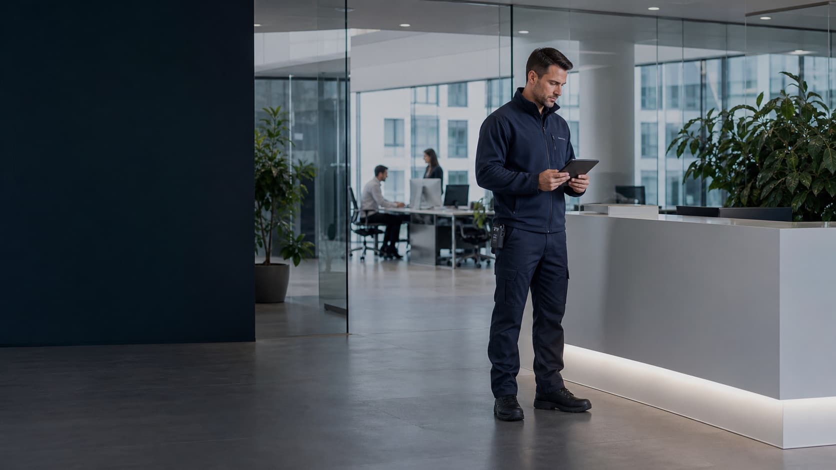 Medewerker met tablet bij de onthaalbalie van een kantoorgebouw, met op de achtergrond collega’s aan het werk achter glas.