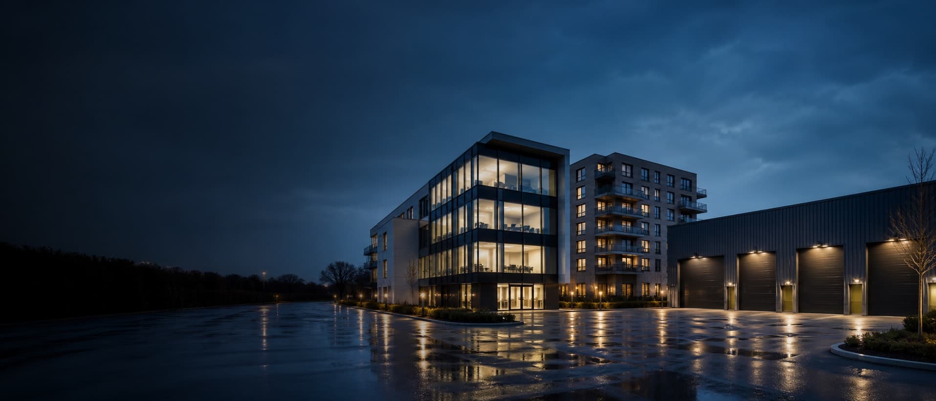 Kantoorgebouw, appartementsgebouw en bedrijfshal naast elkaar bij avondschemer, weerspiegeld in nat asfalt.